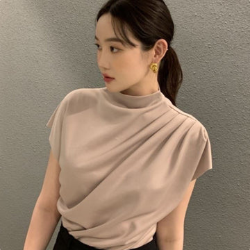 Women's Stand-up Collar Oblique Pleat Unique Design Shirt Top