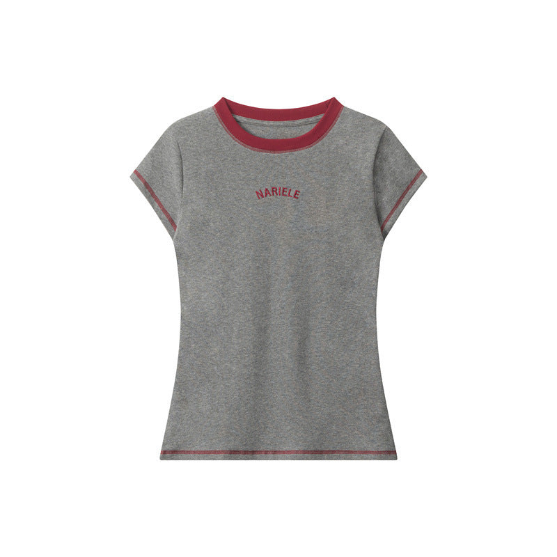Casual Simple Round Neck Short Sleeve Women Alphabet Embroidery Niche