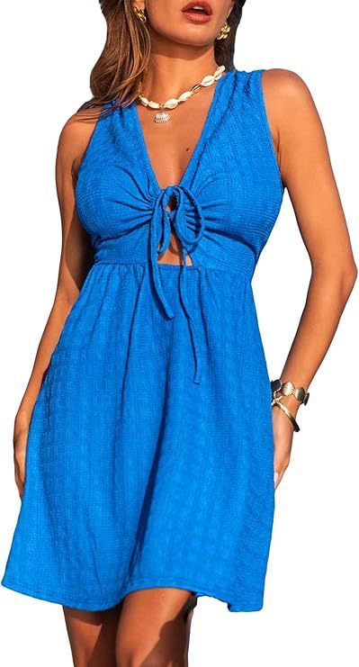 Women's Lace-up Front Low V-neck A- Line Sleeveless Hollow-out Short Dress