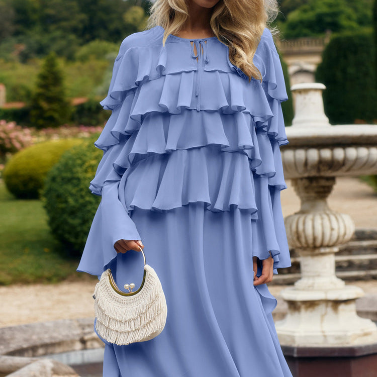 Tiered-Ruffle Long Dress Loose Lace-up Chiffon Dress