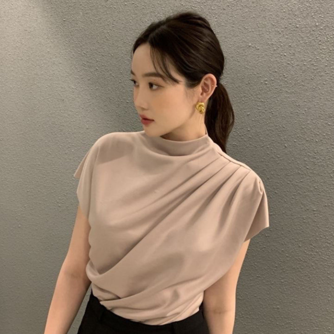 Women's Stand-up Collar Oblique Pleat Unique Design Shirt Top
