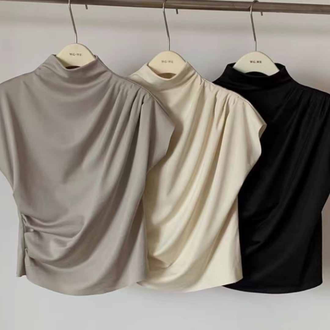 Women's Stand-up Collar Oblique Pleat Unique Design Shirt Top