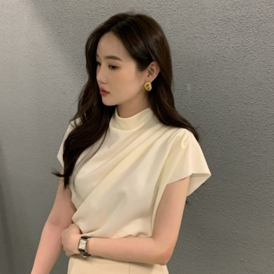 Women's Stand-up Collar Oblique Pleat Unique Design Shirt Top
