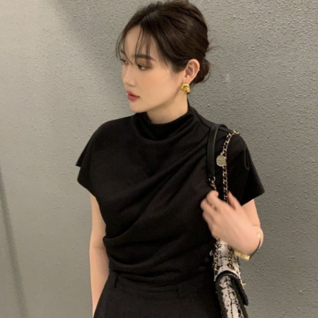 Women's Stand-up Collar Oblique Pleat Unique Design Shirt Top