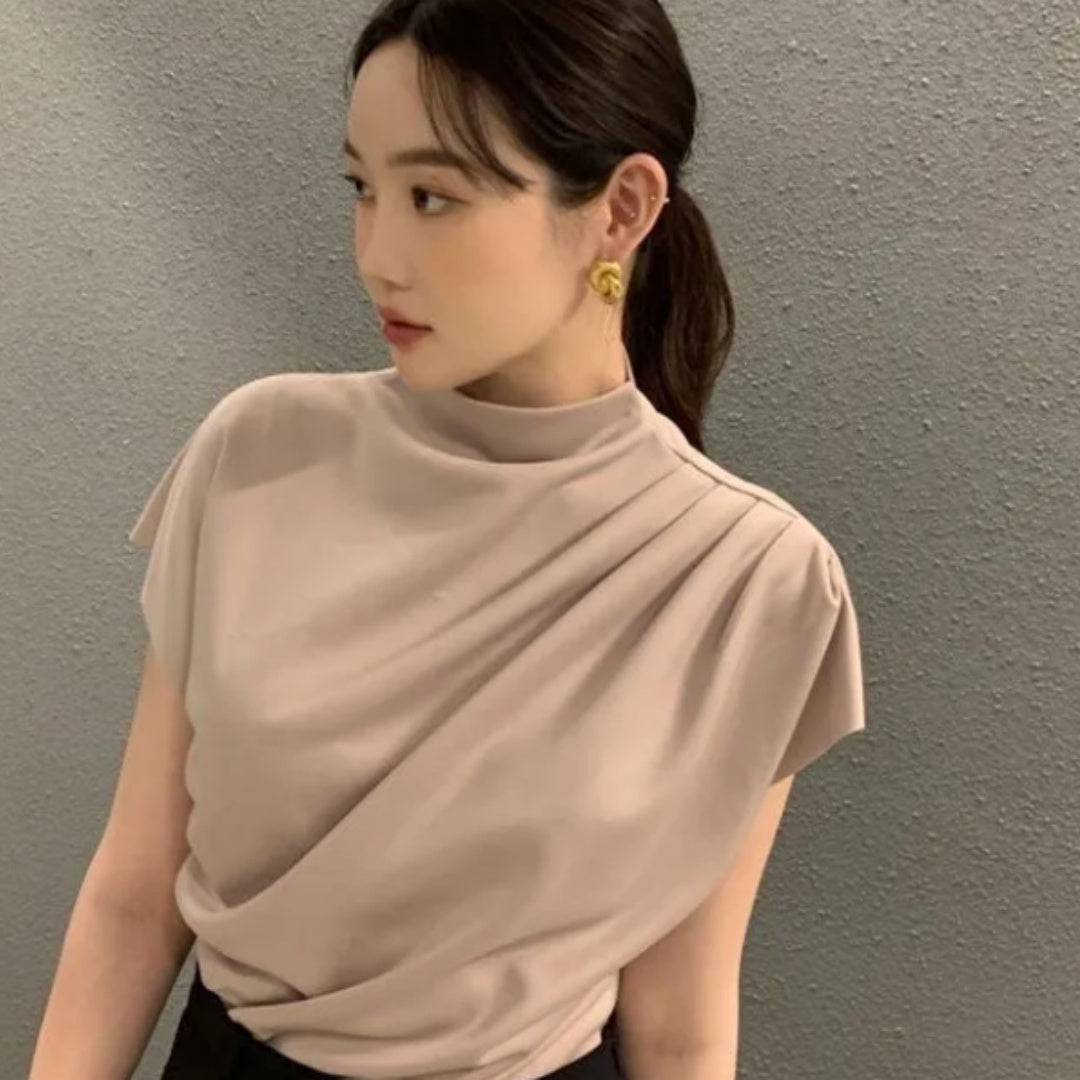 Women's Stand-up Collar Oblique Pleat Unique Design Shirt Top
