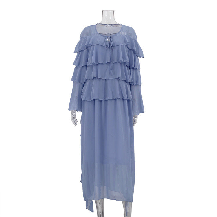 Tiered-Ruffle Long Dress Loose Lace-up Chiffon Dress