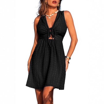 Women's Lace-up Front Low V-neck A- Line Sleeveless Hollow-out Short Dress