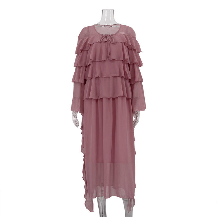Tiered-Ruffle Long Dress Loose Lace-up Chiffon Dress