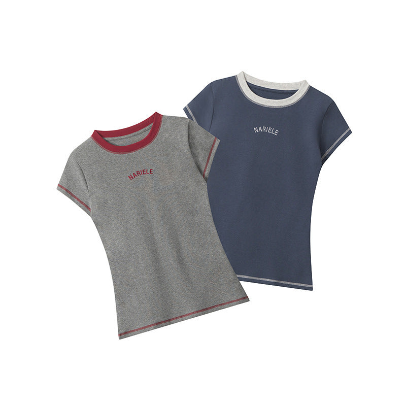 Casual Simple Round Neck Short Sleeve Women Alphabet Embroidery Niche