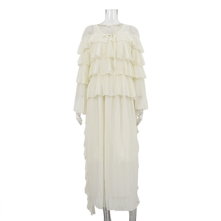 Tiered-Ruffle Long Dress Loose Lace-up Chiffon Dress