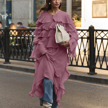 Tiered-Ruffle Long Dress Loose Lace-up Chiffon Dress