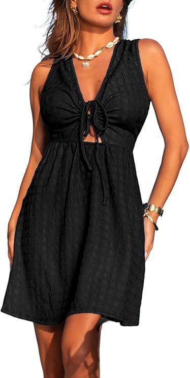 Women's Lace-up Front Low V-neck A- Line Sleeveless Hollow-out Short Dress