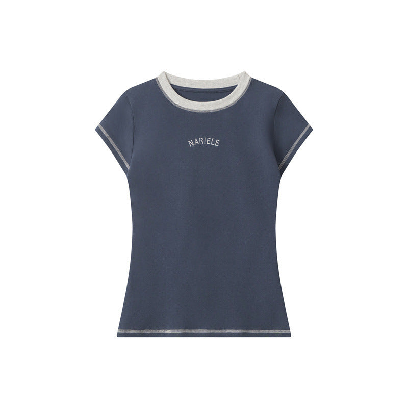 Casual Simple Round Neck Short Sleeve Women Alphabet Embroidery Niche
